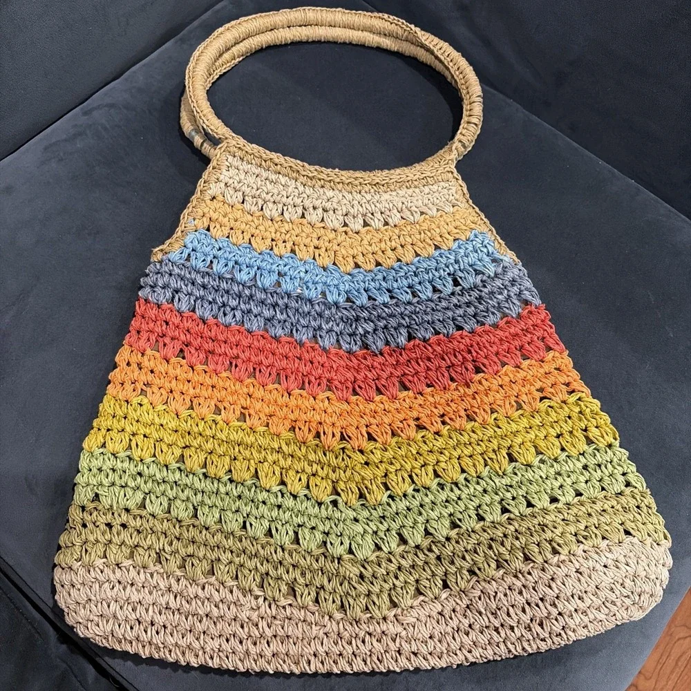 Vintage Cappelli Straworld Rainbow Striped Crochet Woven Toyo Handbag Purse Tote